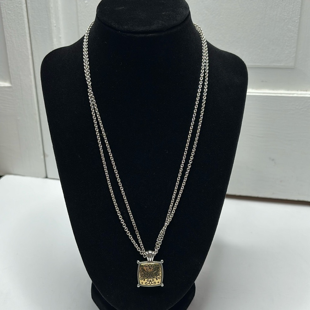 BRIGHTON Silver Layered Chain Gold Square Pendent Necklace
